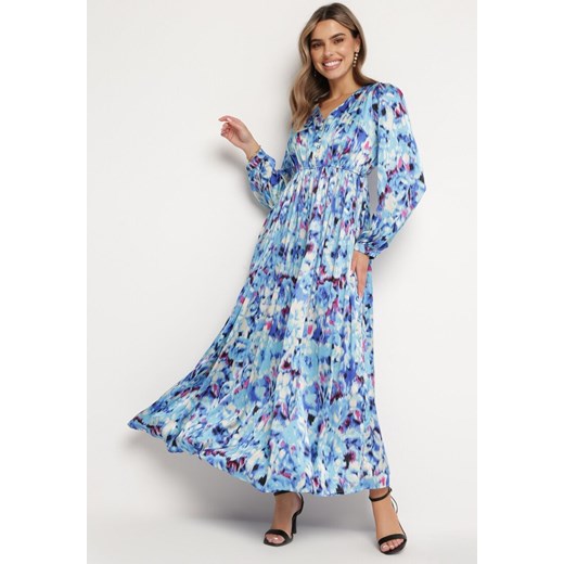 Granatowa Sukienka Maxi z Satynowej Tkaniny w Abstrakcyjny Wzór Wirla ze sklepu Born2be Odzież w kategorii Sukienki - zdjęcie 169244024