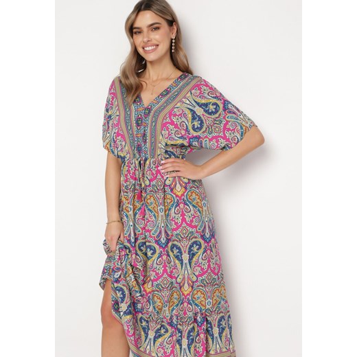 Fuksjowa Sukienka Maxi z Wiskozy w Stylu Boho z Wzorem Paisley i Gumką w Pasie M wyprzedaż Born2be Odzież