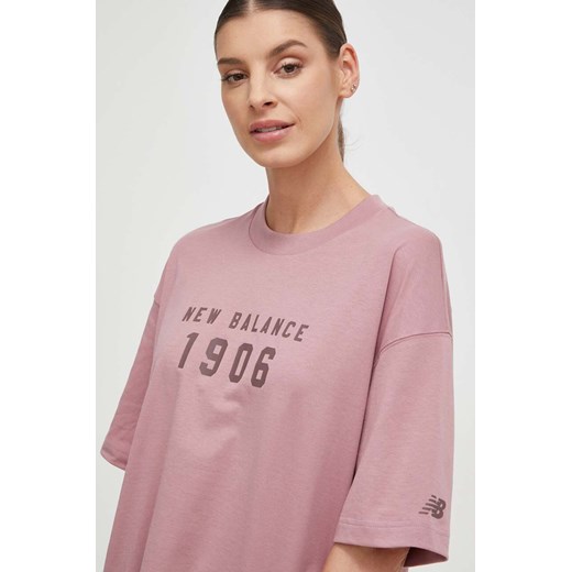 New Balance bluzka damska z krótkim rękawem bawełniana różowa 