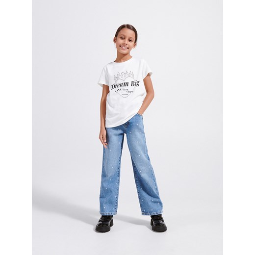 Reserved - Bawełniany t-shirt z aplikacją - złamana biel ze sklepu Reserved w kategorii Bluzki dziewczęce - zdjęcie 169294410