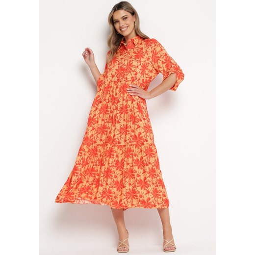 Pomarańczowa Sukienka Maxi w Kwiatowy Wzór z Koszulową Górą Lithaia ze sklepu Born2be Odzież w kategorii Sukienki - zdjęcie 169317713