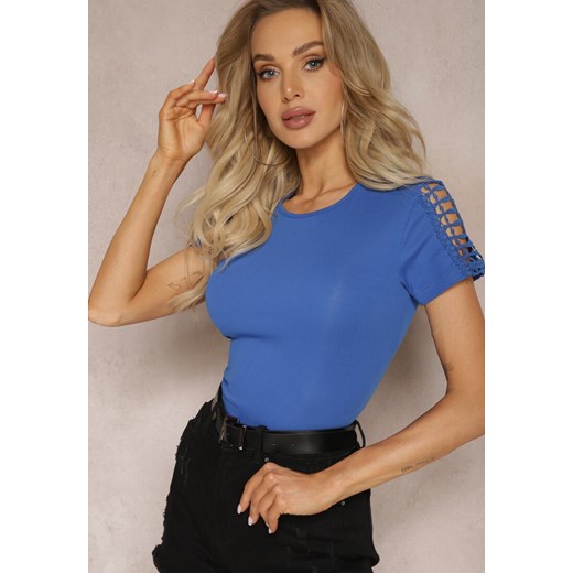 Niebieski T-shirt z Bawełny Ozdobiony Ażurową Koronką Sarille ze sklepu Renee odzież w kategorii Bluzki damskie - zdjęcie 169317881