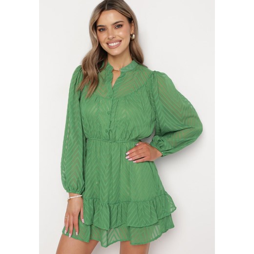 Zielona Rozkloszowana Sukienka Mini z Bufiastymi Rękawami i Falbanką Illathi ze sklepu Born2be Odzież w kategorii Sukienki - zdjęcie 169322870