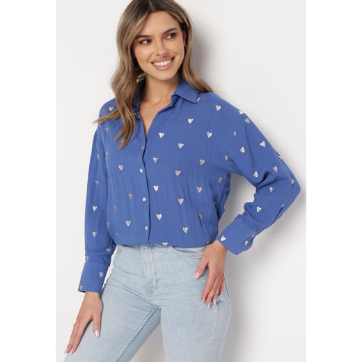 Niebieska Bawełniana Koszula z Lnem o Klasycznym Fasonie Tallriel ze sklepu Born2be Odzież w kategorii Koszule damskie - zdjęcie 169323144