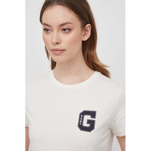 Gant t-shirt bawełniany damski kolor beżowy ze sklepu ANSWEAR.com w kategorii Bluzki damskie - zdjęcie 169329123