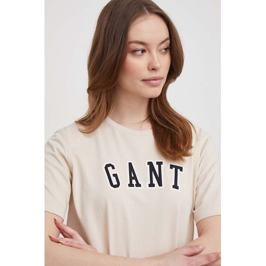 Gant t-shirt bawełniany damski kolor beżowy ze sklepu ANSWEAR.com w kategorii Bluzki damskie - zdjęcie 169329133