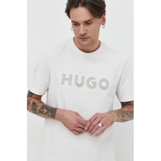 HUGO t-shirt bawełniany męski kolor beżowy z aplikacją 50509958 ze sklepu ANSWEAR.com w kategorii T-shirty męskie - zdjęcie 169329240