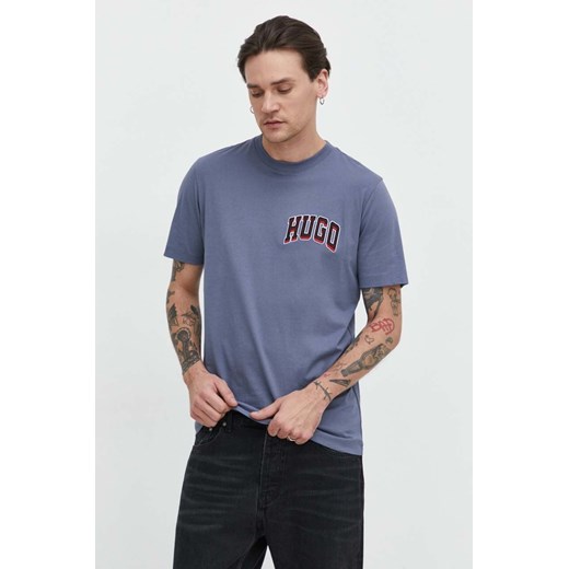 HUGO t-shirt bawełniany męski kolor niebieski z aplikacją 50515067 ze sklepu ANSWEAR.com w kategorii T-shirty męskie - zdjęcie 169329250