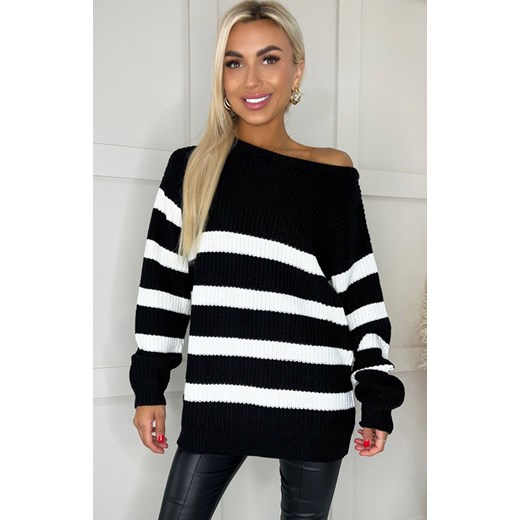 Dłuższy czarny sweter w paski AXS0201, Kolor czarny, Rozmiar M/L, AX Paris ze sklepu Primodo w kategorii Swetry damskie - zdjęcie 169335600