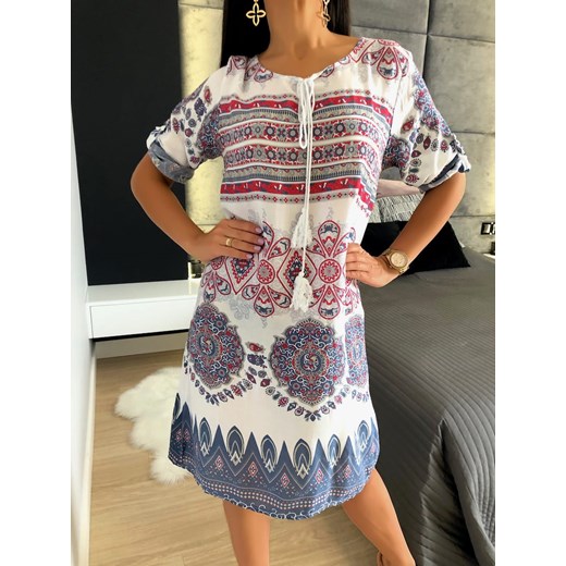 Biała Sukienka z Azteckim Wzorem Modnakiecka.pl 42 ModnaKiecka.pl