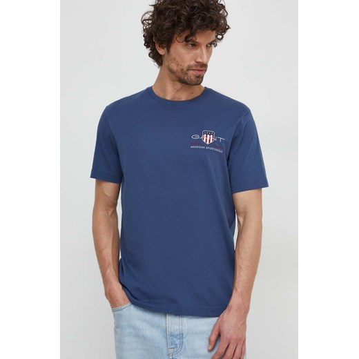 Gant t-shirt bawełniany kolor niebieski z aplikacją ze sklepu ANSWEAR.com w kategorii T-shirty męskie - zdjęcie 169406890
