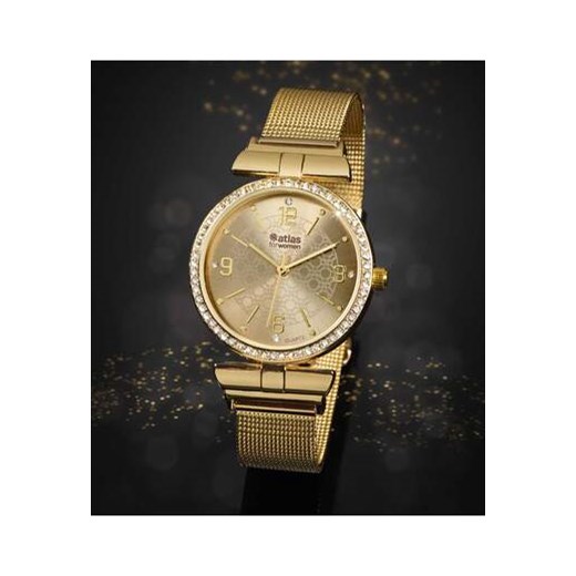 Ozdobny, złoty zegarek z kryształkami ze sklepu Atlas For Men w kategorii Zegarki - zdjęcie 169419390