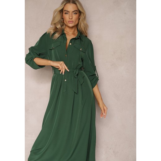Sukienka Renee zielona maxi z długim rękawem rozkloszowana casualowa 
