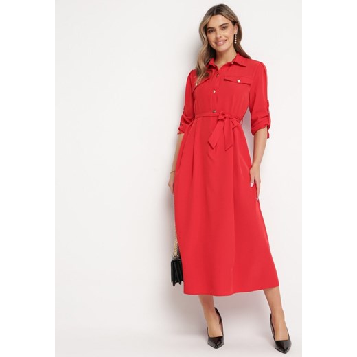 Czerwona Rozkloszowana Sukienka Maxi z Koszulową Górą i Wiązanym Paskiem Indiga ze sklepu Born2be Odzież w kategorii Sukienki - zdjęcie 169421520