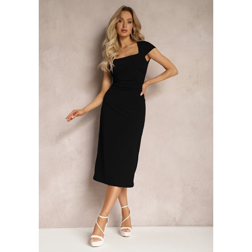 Czarna Midi Sukienka z Kwadratowym Dekoltem Linerana ze sklepu Renee odzież w kategorii Sukienki - zdjęcie 169431310