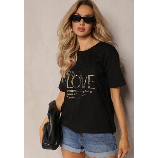 Czarny Bawełniany T-shirt z Napisem i Koronką Larniesse ze sklepu Renee odzież w kategorii Bluzki damskie - zdjęcie 169431340