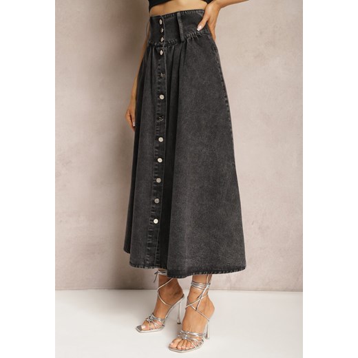 Czarna Jeansowa Spódnica Maxi z Guzikami z Bawełny Rachellia ze sklepu Renee odzież w kategorii Spódnice - zdjęcie 169431343