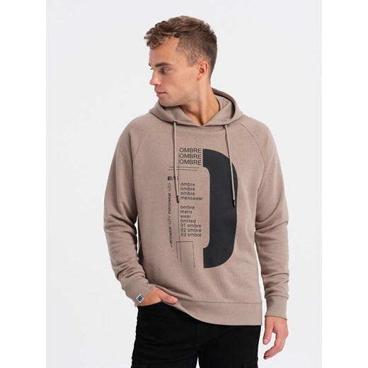 Męska bluza z nadrukiem HOODIE - ciemnobeżowa V2 OM-SSPS-0152 ze sklepu ombre w kategorii Bluzy męskie - zdjęcie 169440492