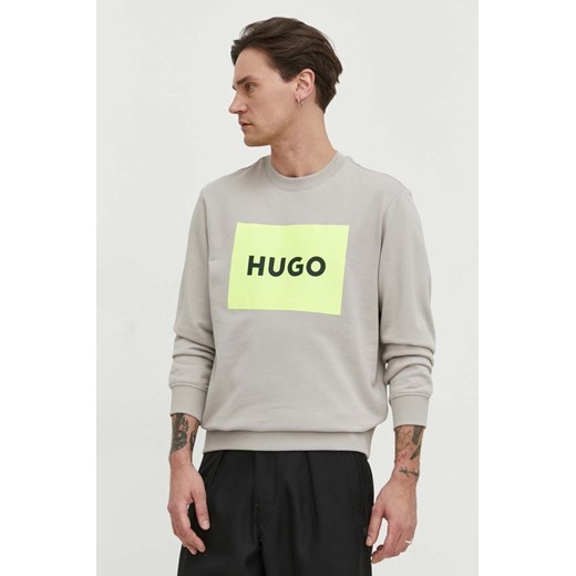 HUGO bluza bawełniana męska kolor beżowy z nadrukiem 50467944 ze sklepu ANSWEAR.com w kategorii Bluzy męskie - zdjęcie 169442794