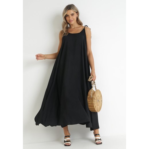 Czarna Trapezowa Sukienka z Wiązanymi Ramiączkami i Sznurkiem w Talii Feminia M okazyjna cena Born2be Odzież
