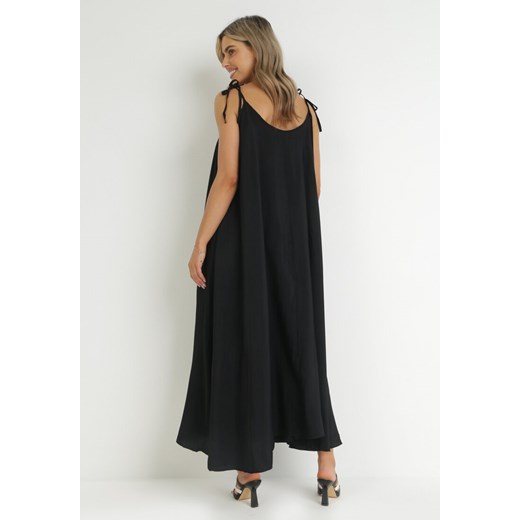 Czarna Trapezowa Sukienka z Wiązanymi Ramiączkami i Sznurkiem w Talii Feminia M promocja Born2be Odzież