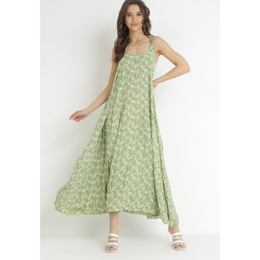 Zielona Rozkloszowana Sukienka Maxi z Wiązanymi Ramiączkami Brigidia ze sklepu Born2be Odzież w kategorii Sukienki - zdjęcie 169450951
