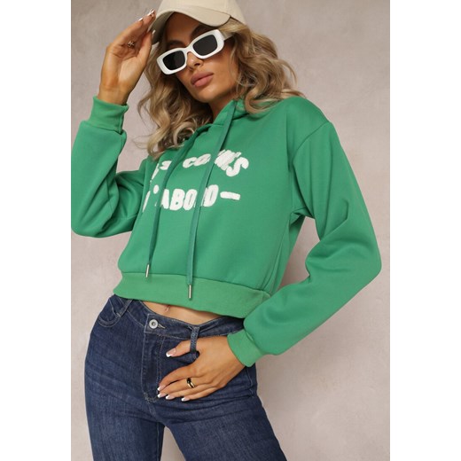 Zielona Dzianinowa Bluza z Nadrukiem i Kapturem Faminese ze sklepu Renee odzież w kategorii Bluzy damskie - zdjęcie 169451981