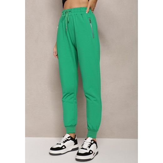 Zielone Dresowe Spodnie Bawełniane Joggery z Kieszeniami na Suwaki Bieitta ze sklepu Renee odzież w kategorii Spodnie damskie - zdjęcie 169452054