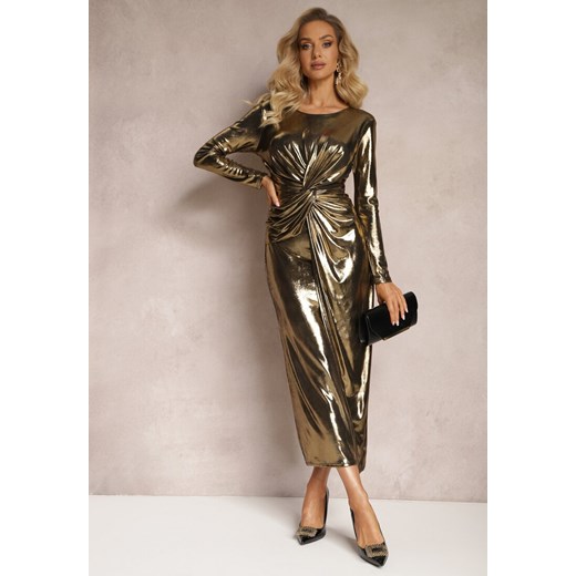 Złota Dopasowana Sukienka Metaliczna Maxi z Węzłem i Marszczeniem Iglesias ze sklepu Renee odzież w kategorii Sukienki - zdjęcie 169452324