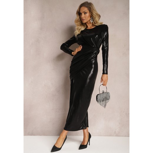 Czarna Sukienka Maxi z Metalicznej Nici z Drapowaniem i Rozcięciem Mistara ze sklepu Renee odzież w kategorii Sukienki - zdjęcie 169452341
