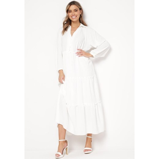 Biała Sukienka Maxi Rozkloszowana z Kołnierzykiem i Falbankami Eweneme ze sklepu Born2be Odzież w kategorii Sukienki - zdjęcie 169471104