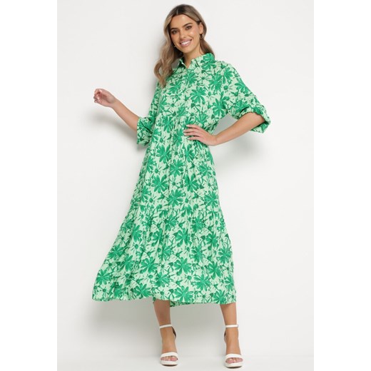 Zielona Sukienka Maxi w Kwiatowy Wzór z Koszulową Górą Lithaia ze sklepu Born2be Odzież w kategorii Sukienki - zdjęcie 169471202