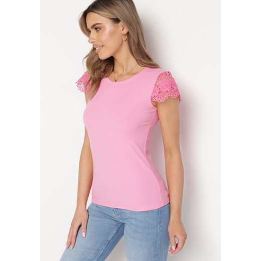 Różowa Bluzka Prążkowana z Koronkowymi Wstawkami i Cekinami Esmalde ze sklepu Born2be Odzież w kategorii Bluzki damskie - zdjęcie 169471270