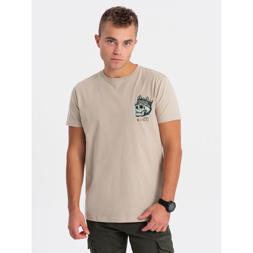 T-shirt męski bawełniany z nadrukiem na klatce piersiowej - beżowy V1 L ombre