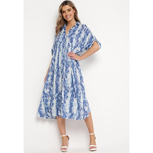 Niebieska Sukienka z Koszulową Górą z Wiskozy w Abstrakcyjny Wzór Navila ze sklepu Born2be Odzież w kategorii Sukienki - zdjęcie 169497042