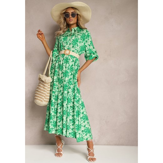 Zielona Rozkoszowana Sukienka z Koszulową Górą i Wzorem w Kwiaty Nealavin ze sklepu Renee odzież w kategorii Sukienki - zdjęcie 169507963