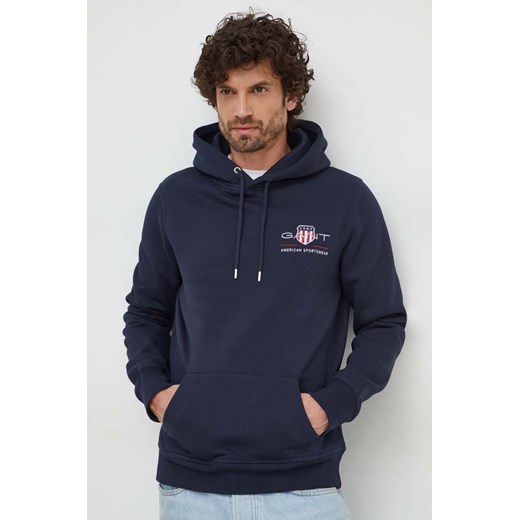 Gant bluza męska kolor granatowy z kapturem z aplikacją ze sklepu ANSWEAR.com w kategorii Bluzy męskie - zdjęcie 169518422
