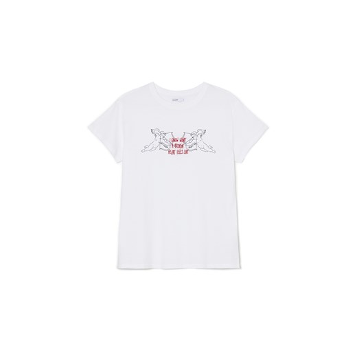 Cropp - Biała koszulka z nadrukiem i haftem - biały ze sklepu Cropp w kategorii Bluzki damskie - zdjęcie 169531231