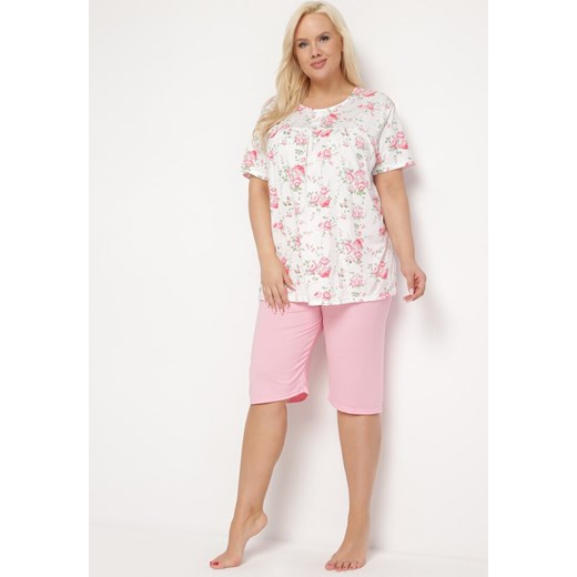 Różowo-Biały Komplet Piżamowy w Kwiaty Koszulka z Krótkim Rękawem i Spodnie Lużne 3/4 Lareni ze sklepu Born2be Odzież w kategorii Piżamy damskie - zdjęcie 169533781