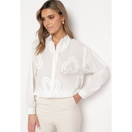 Biała Koszula Bawełniana z Motywem Serduszek Andravilla ze sklepu Born2be Odzież w kategorii Koszule damskie - zdjęcie 169539394