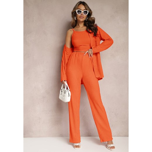 Pomarańczowy 3-częściowy Plisowany Komplet z Topem Koszulą i Spodniami Vinett ze sklepu Renee odzież w kategorii Komplety i garnitury damskie - zdjęcie 169543484