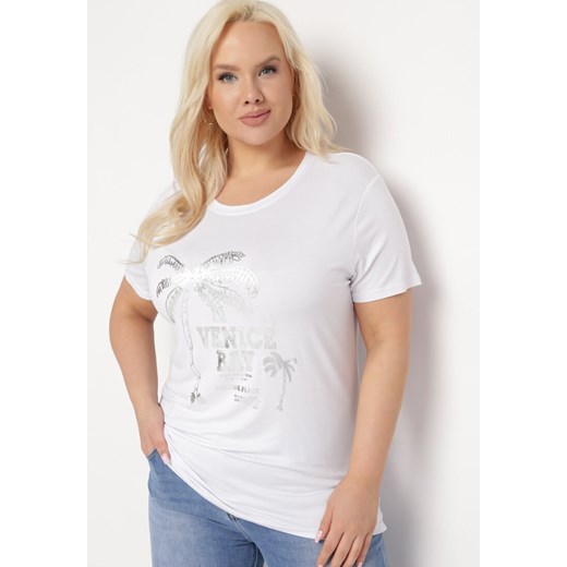 Biały T-shirt z Metalicznym Nadrukiem i Okrągłym Dekoltem Cresida ze sklepu Born2be Odzież w kategorii Bluzki damskie - zdjęcie 169553191