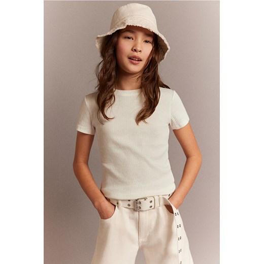 H & M - Top z bawełnianego dżerseju w prążki - Biały ze sklepu H&M w kategorii Bluzki dziewczęce - zdjęcie 169592413