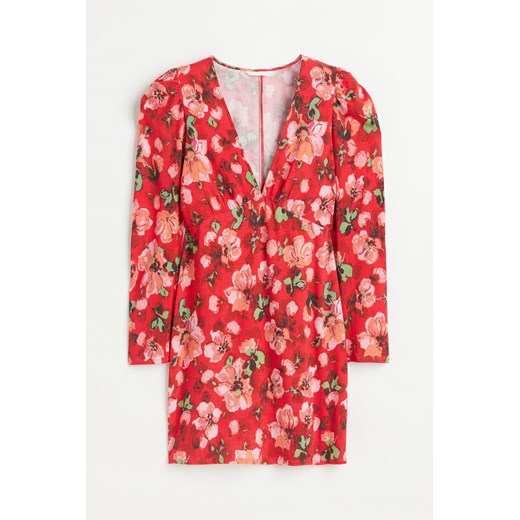 H & M - Wzorzysta sukienka z bufiastym rękawem - Czerwony ze sklepu H&M w kategorii Sukienki - zdjęcie 169593062