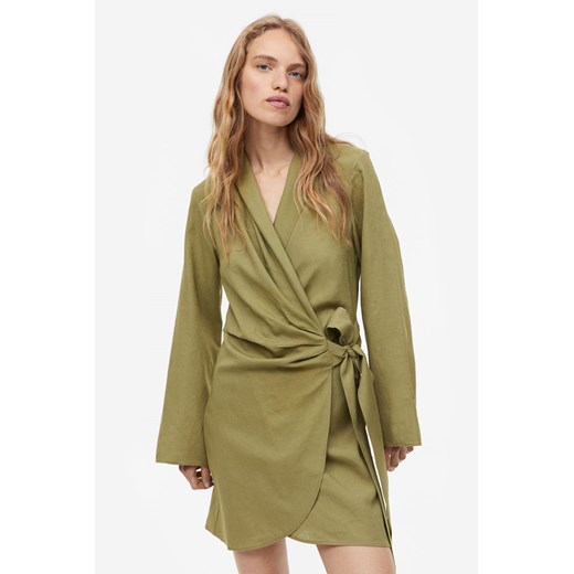 H & M - Kopertowa sukienka z domieszką lnu - Zielony H & M L H&M