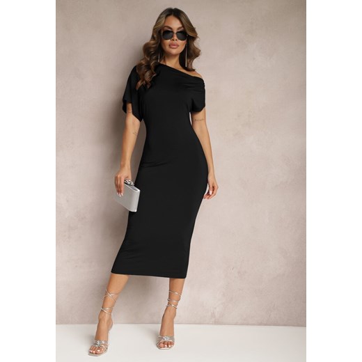 Czarna Dopasowana Sukienka Midi o Asymetrycznym Kroju Lirevasse ze sklepu Renee odzież w kategorii Sukienki - zdjęcie 169608012