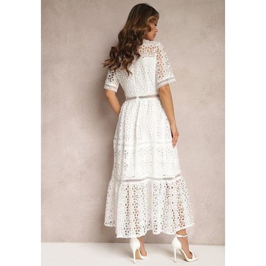 Biała Rozkloszowana Sukienka Maxi Ażurowa z Falbanką Ranilette Renee S okazja Renee odzież
