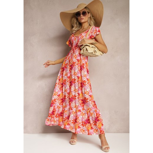 Pomarańczowa Długa Sukienka w Kwiaty z Gumką w Pasie Liumbia ze sklepu Renee odzież w kategorii Sukienki - zdjęcie 169608172