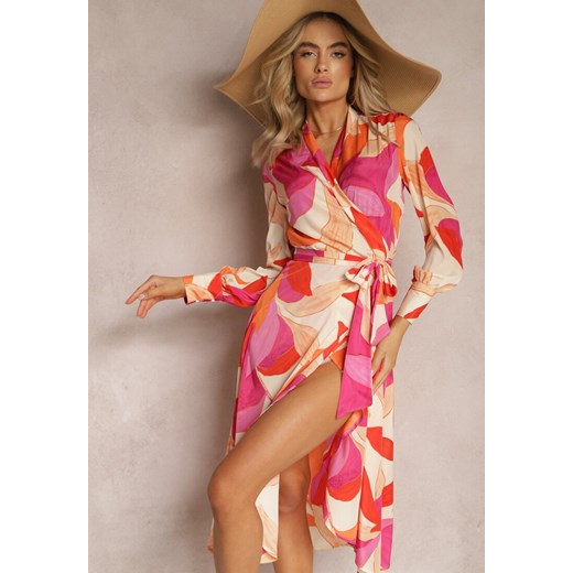 Różowo-Beżowa Rozkloszowana Sukienka Midi z Kopertowym Dekoltem z Paskiem i Abstrakcyjnym Wzorem Orabella ze sklepu Renee odzież w kategorii Sukienki - zdjęcie 169608220