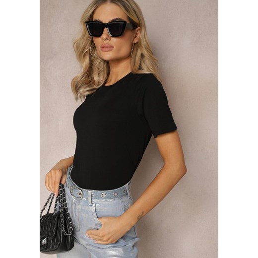 Czarny T-shirt z Krótkim Rękawem z Gładkiej Bawełny Jaellora ze sklepu Renee odzież w kategorii Bluzki damskie - zdjęcie 169608441
